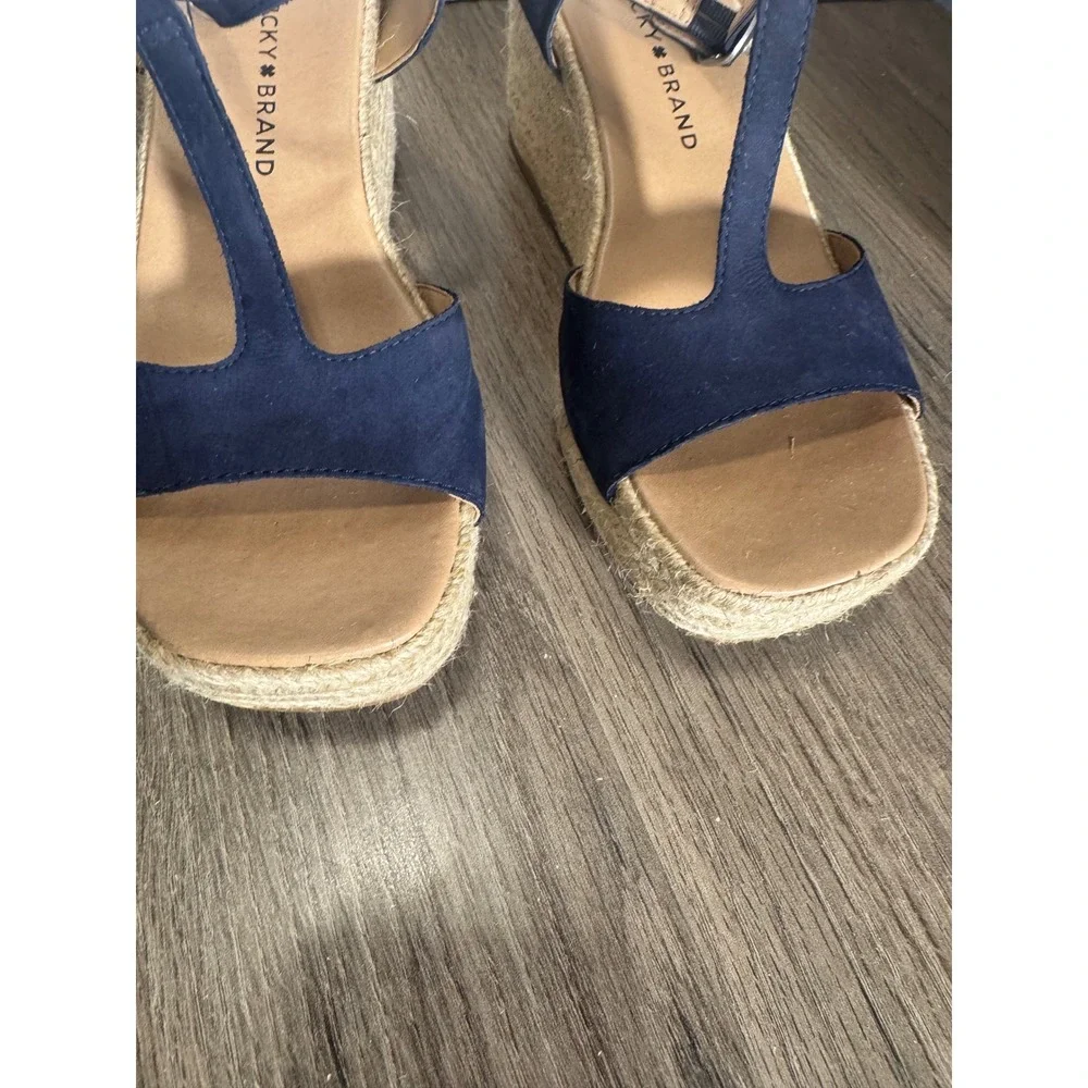 Lucky Brand Valki Navy Blue Leather T-Strap Espadrille Wedge Sandals 6.5M
